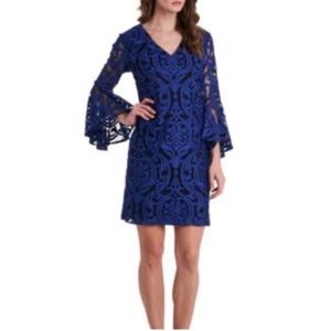 MSK Women's Petite Blue/Black Lace Overlay 3/4 Bell Sleeve Sheath Dress Size MP